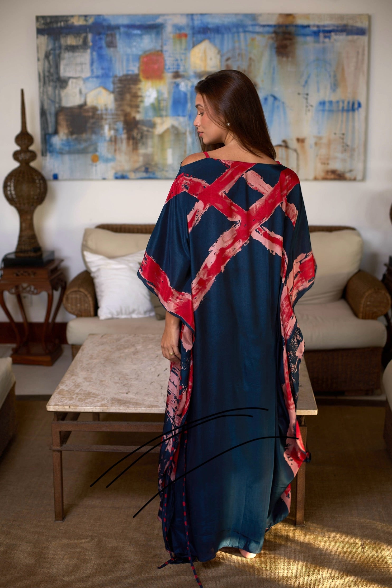 KAFTAN DE JAVA ROJO AZUL MARINO Y ROSA