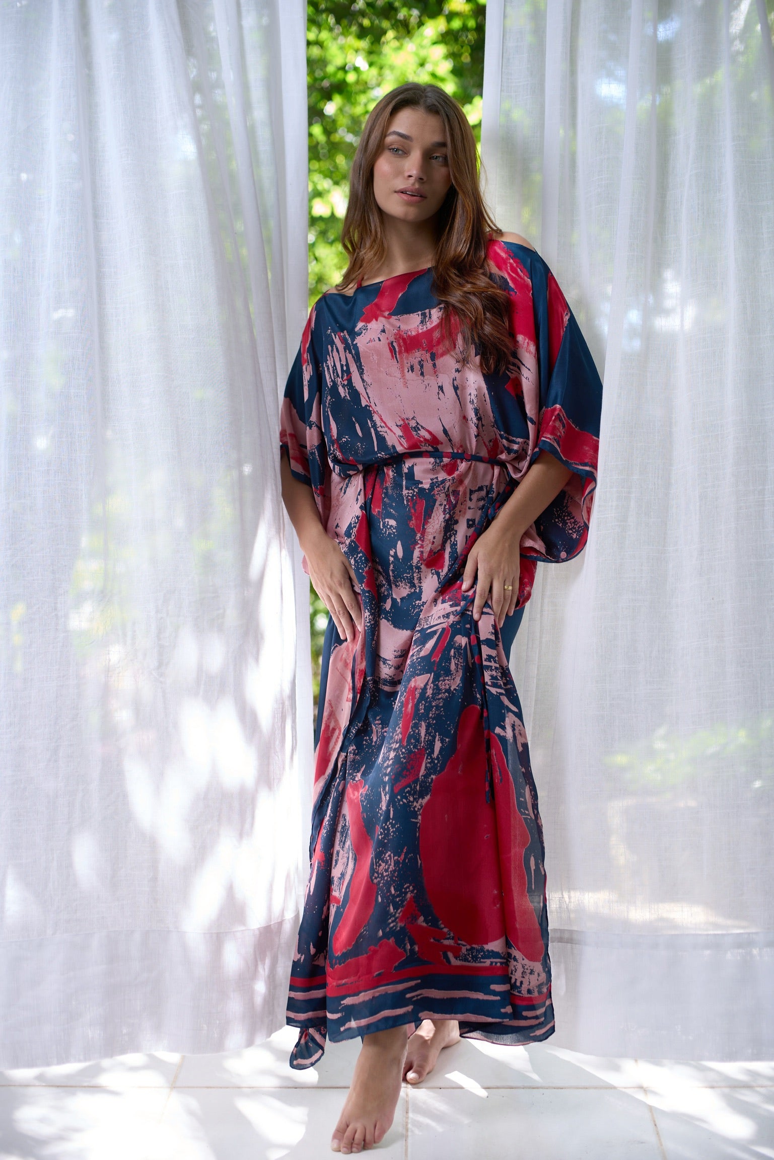 KAFTAN DE JAVA ROJO AZUL MARINO Y ROSA