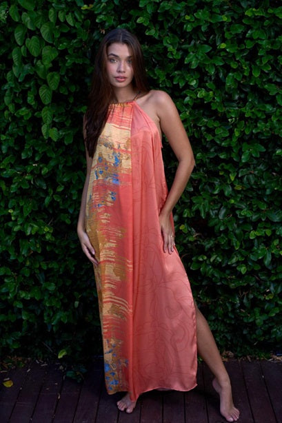 VESTIDO POSITANO NARANJA Y DORADO