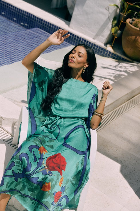 KAFTAN JAVA VERDE AZUL Y FLOR