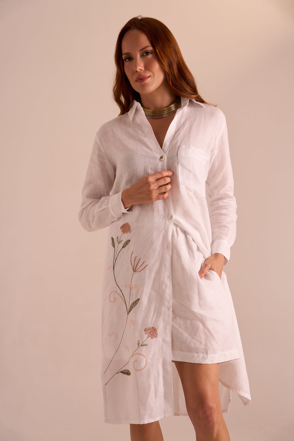 CHEMISE FLORENÇA LINHO LONGA BORDADA