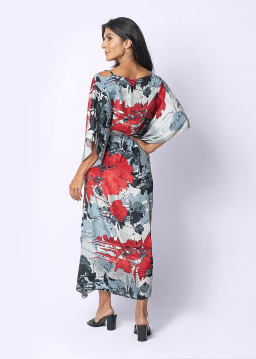 KAFTAN JAVA CINZA E VERMELHO FLORES