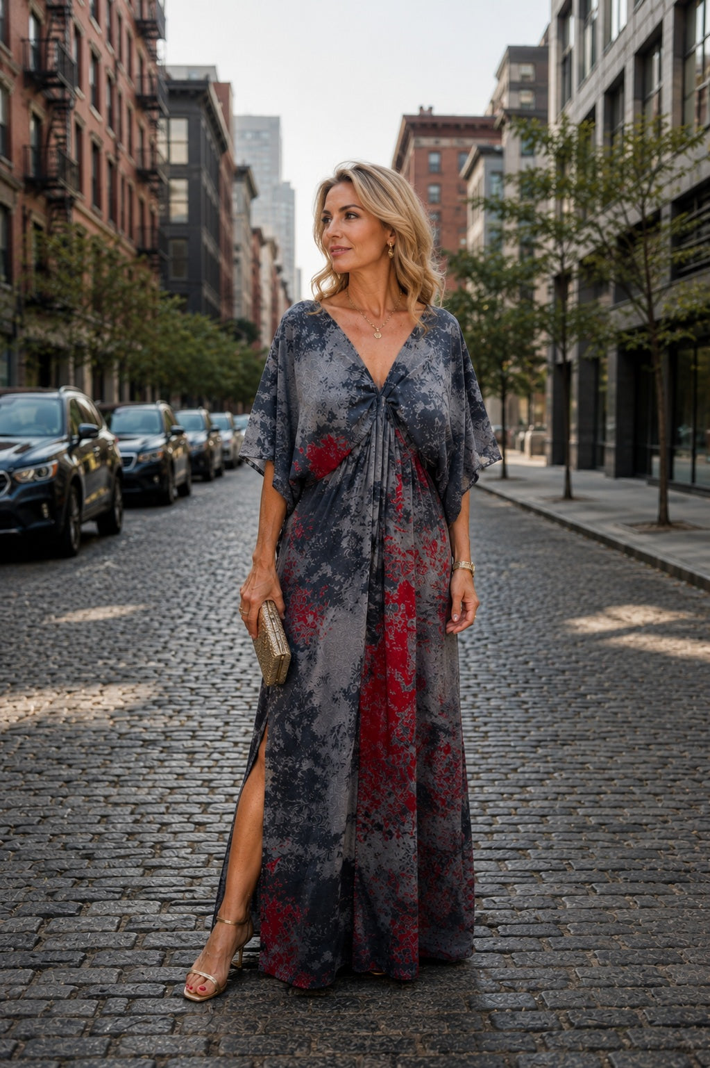 VESTIDO SAINT TROPEZ SEDA CINZA E VERMELHO
