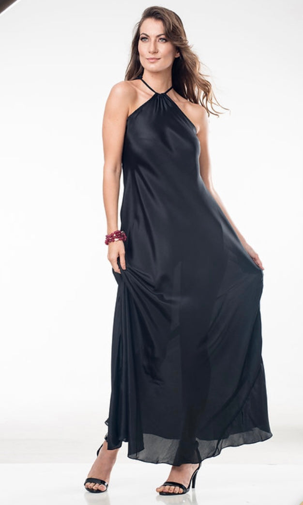 VESTIDO HERA SEDA PRETO LISO