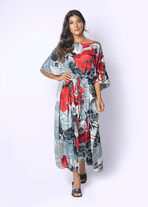 KAFTAN JAVA CINZA E VERMELHO FLORES