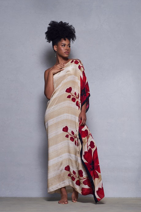 KAFTAN RHODES LONGO BEGE E VERMELHO FLORES
