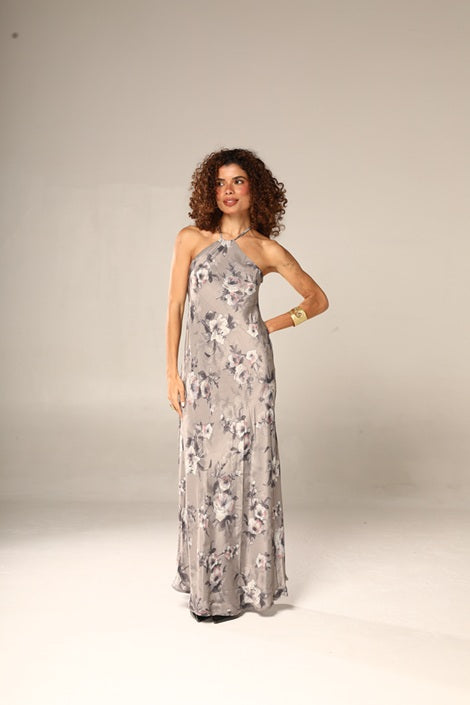 VESTIDO HERA SEDA CINZA FLORES