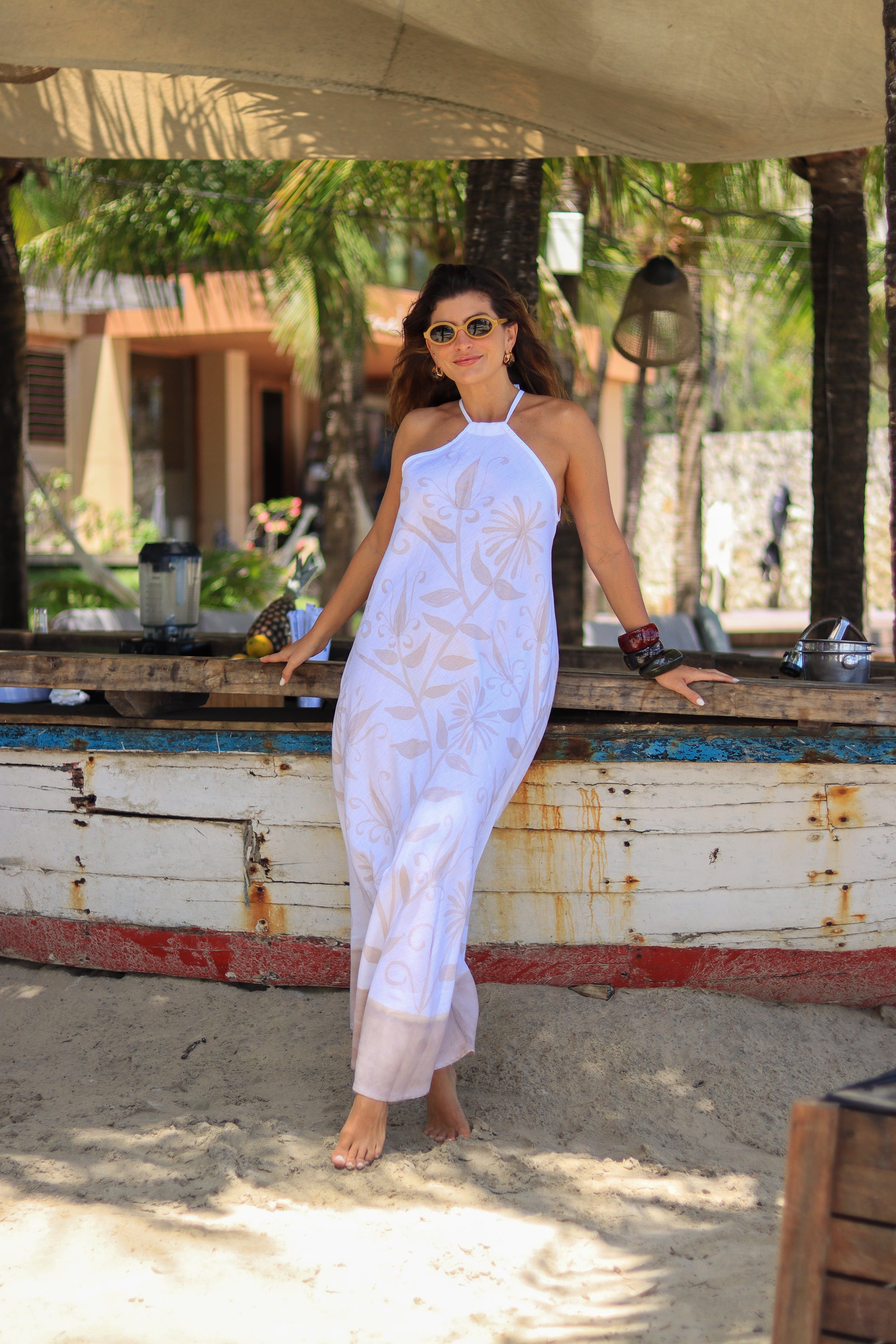 VESTIDO LARGO DE LINO HERA CON PINTURA ARABESCA