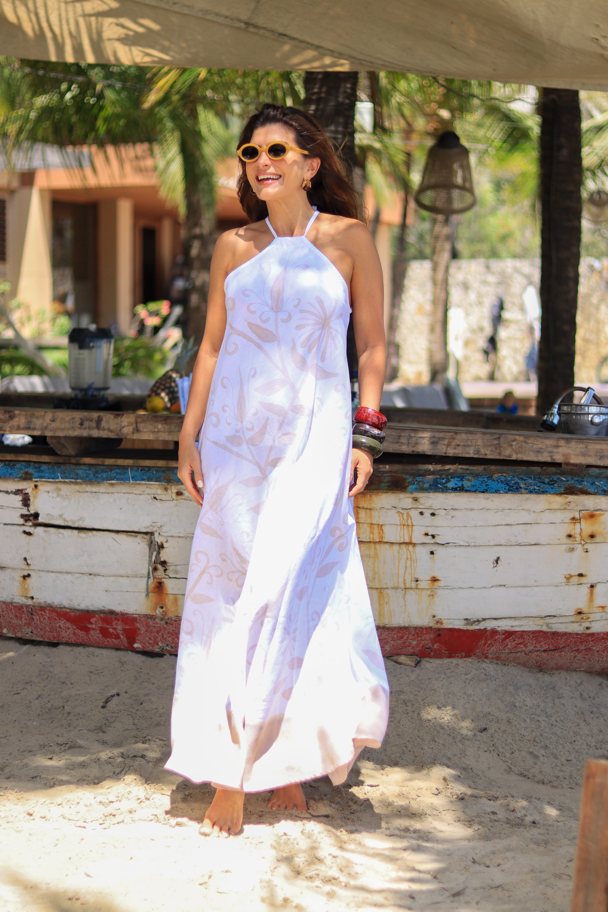 VESTIDO LARGO DE LINO HERA CON PINTURA ARABESCA