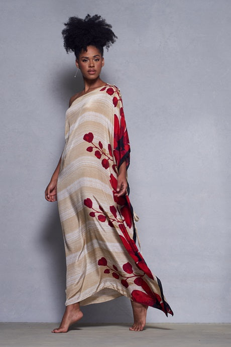 KAFTAN RHODES LONGO BEGE E VERMELHO FLORES