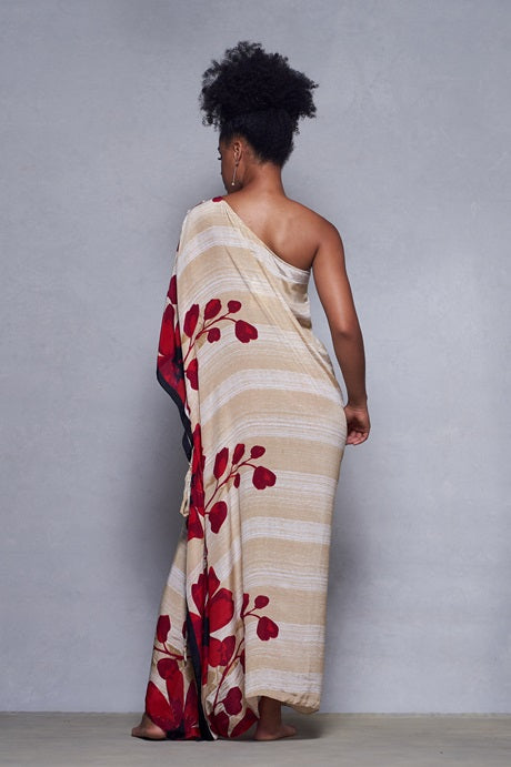 KAFTAN RHODES LONGO BEGE E VERMELHO FLORES