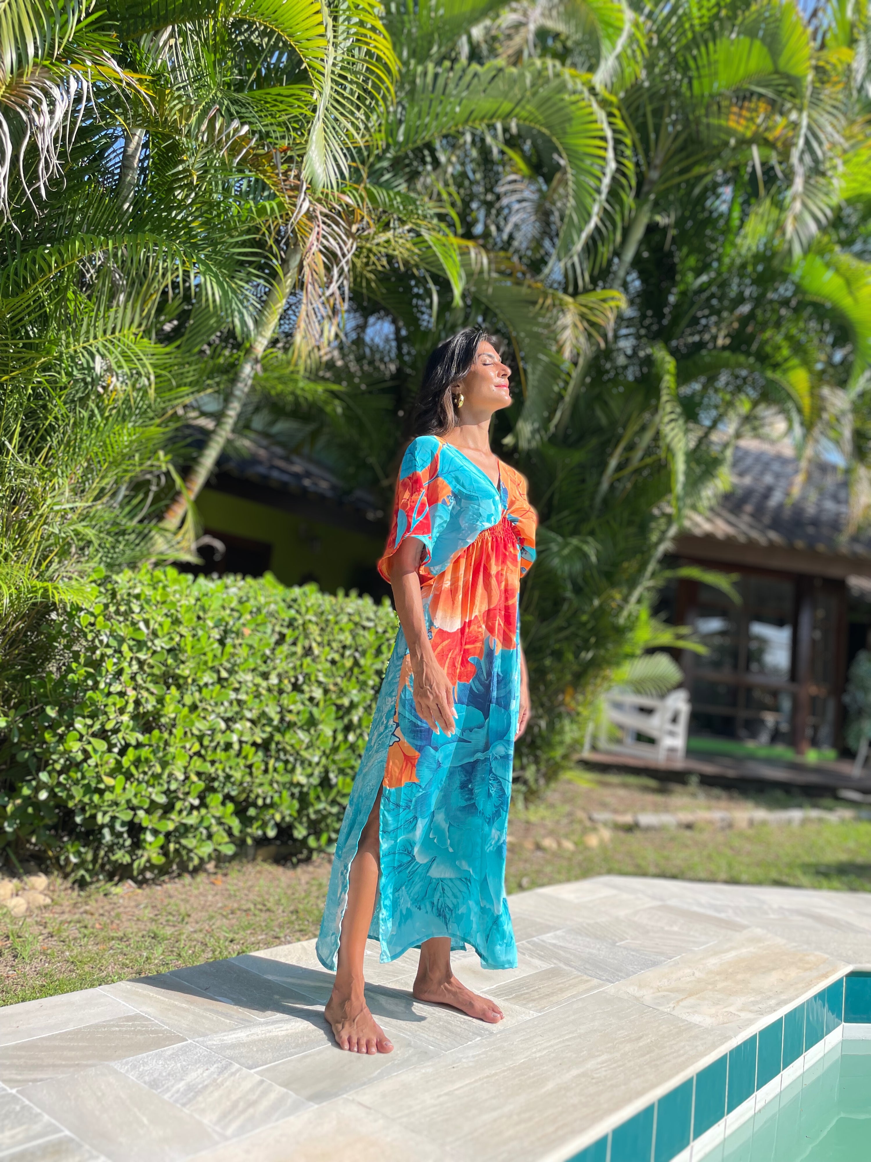 VESTIDO SAINT TROPEZ TURQUESA E LARANJA FLORES