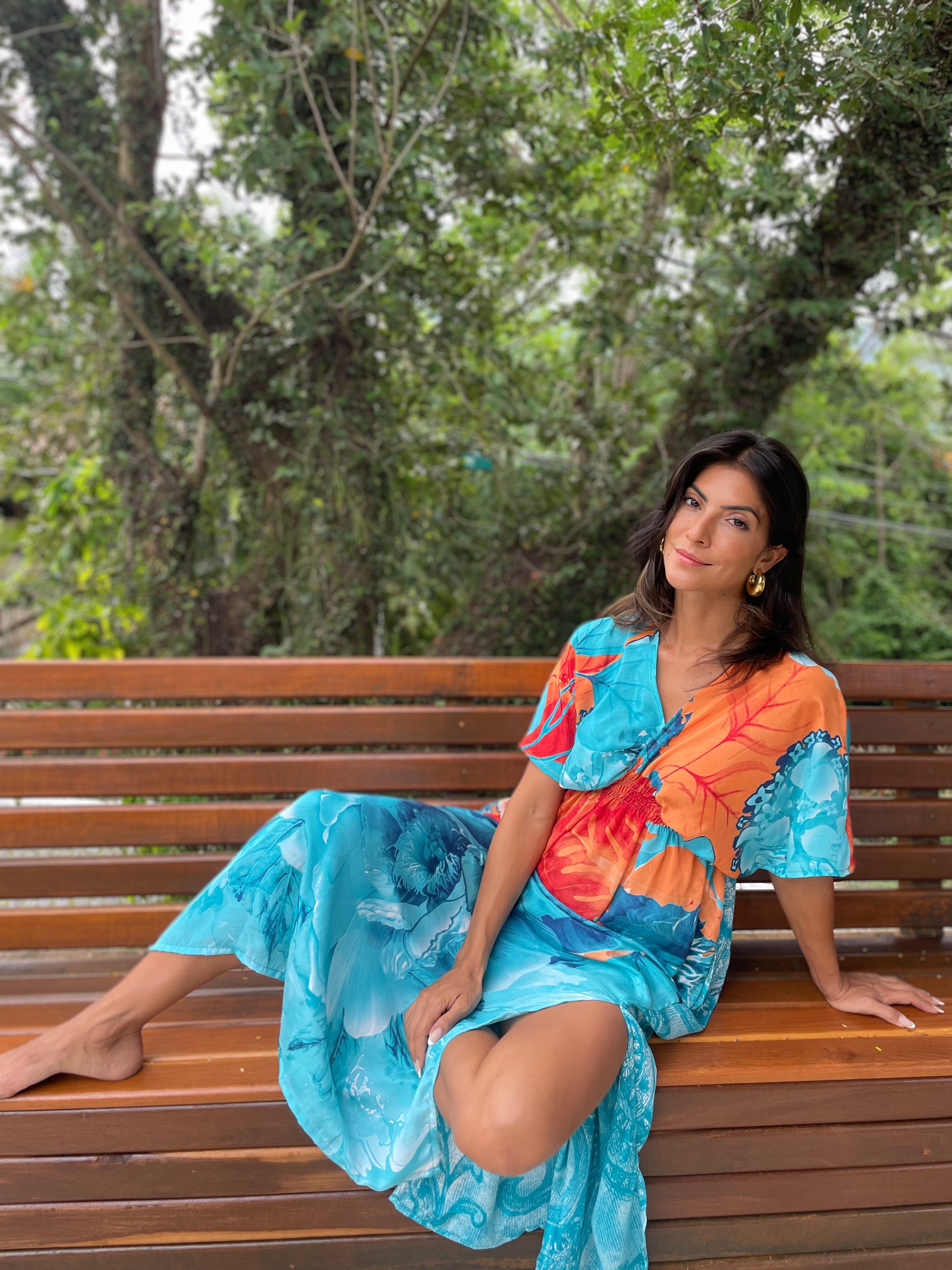 VESTIDO SAINT TROPEZ TURQUESA E LARANJA FLORES