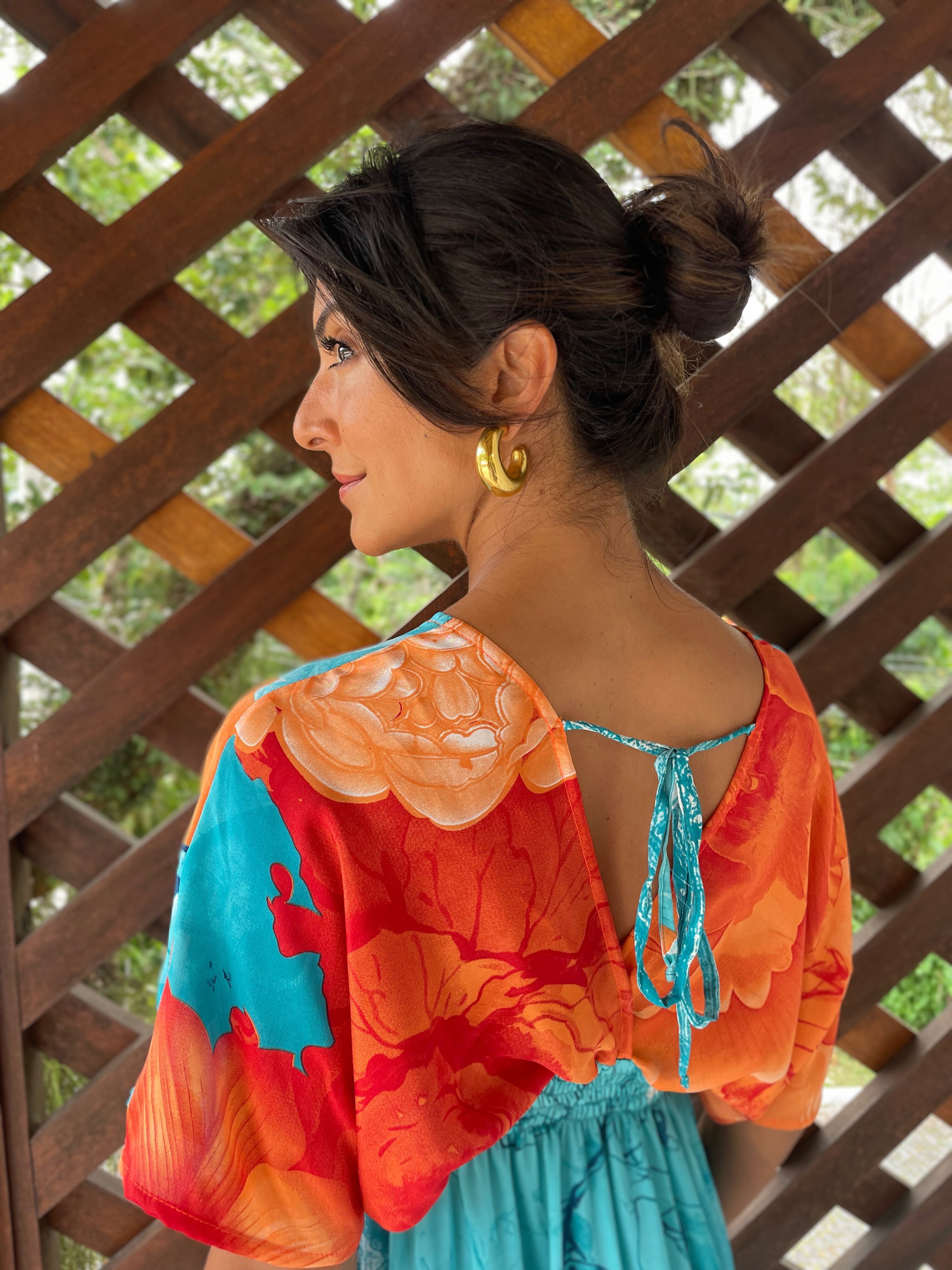 VESTIDO SAINT TROPEZ TURQUESA E LARANJA FLORES