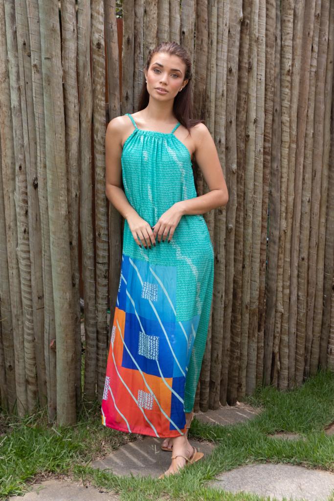 VESTIDO SUMATRA SEDA AZUL E LARANJA GEOMÉTRICO