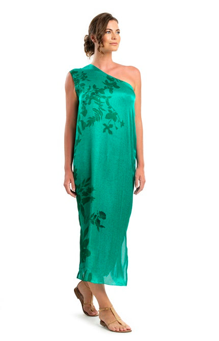 VESTIDO ATHENAS SEDA VERDE E FLORES