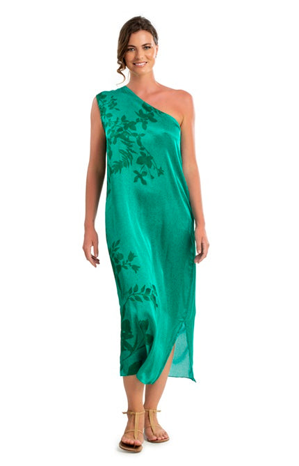 VESTIDO ATHENAS SEDA VERDE E FLORES