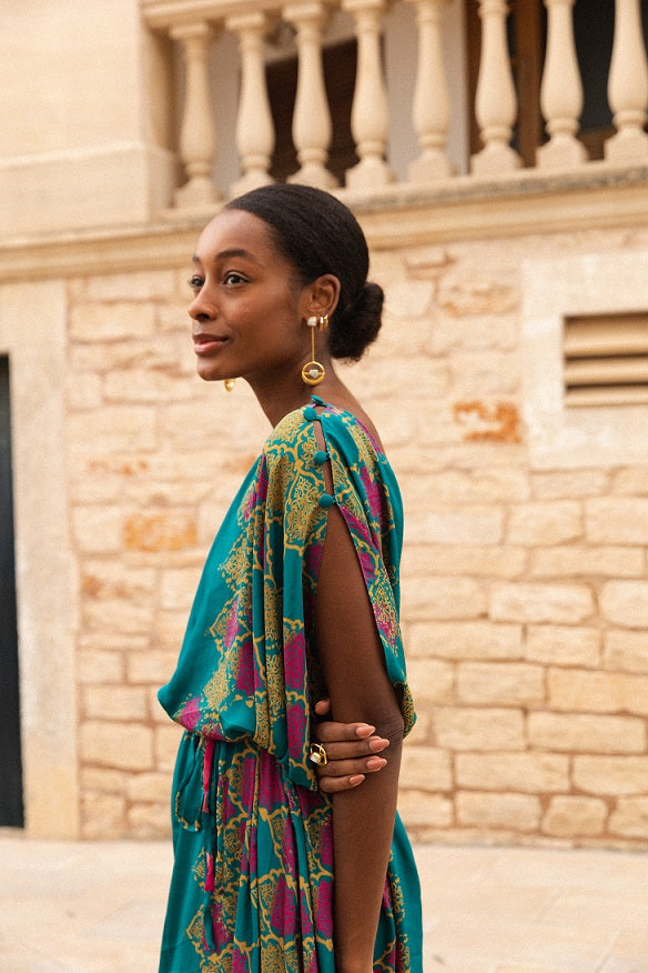 KAFTAN LARGO RODAS VERDE DORADO Y ROSA