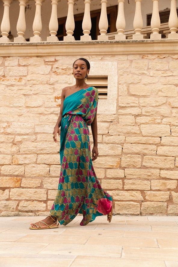 KAFTAN LARGO RODAS VERDE DORADO Y ROSA