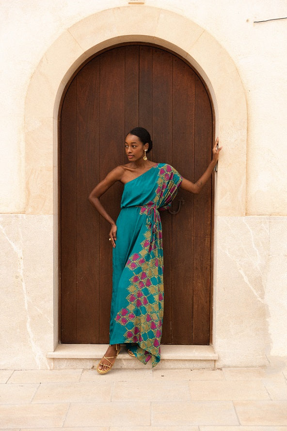 KAFTAN LARGO RODAS VERDE DORADO Y ROSA