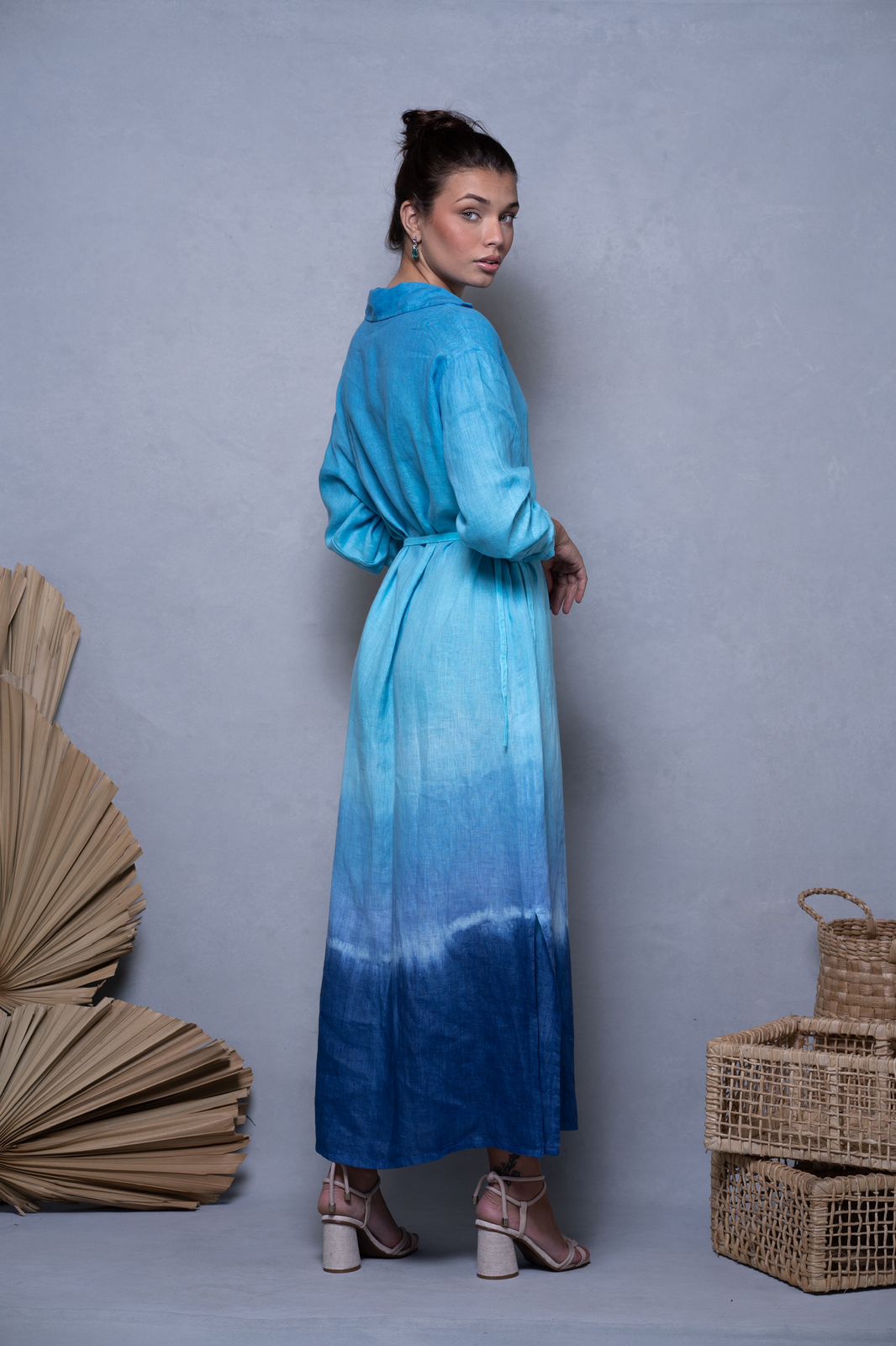 CHEMISE FLORENÇA LINHO LONGA PINTADA TIE DYE AZUL