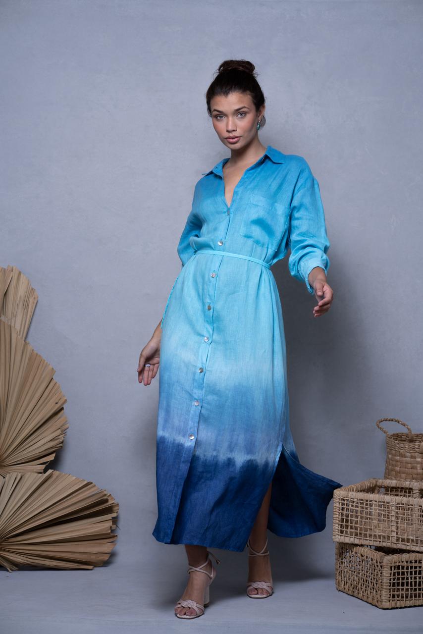 CHEMISE FLORENÇA LINHO LONGA PINTADA TIE DYE AZUL