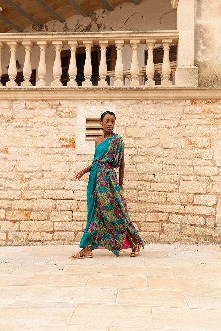 KAFTAN LARGO RODAS VERDE DORADO Y ROSA