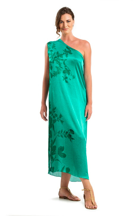 VESTIDO ATHENAS SEDA VERDE E FLORES