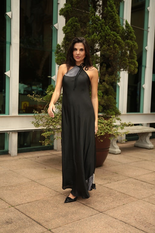 VESTIDO HERA SEDA PRETO E BOLAS CINZA