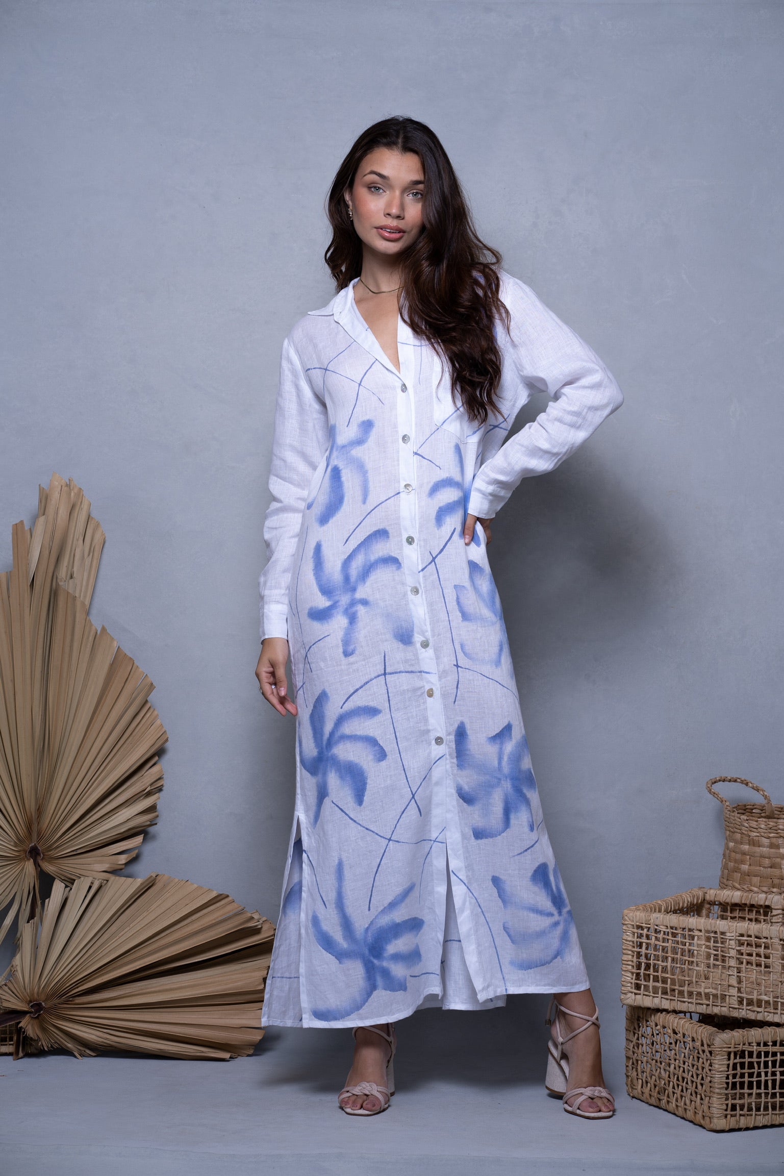 CHEMISE FLORENCE LINEN LONG PAINTED FLOWERS
