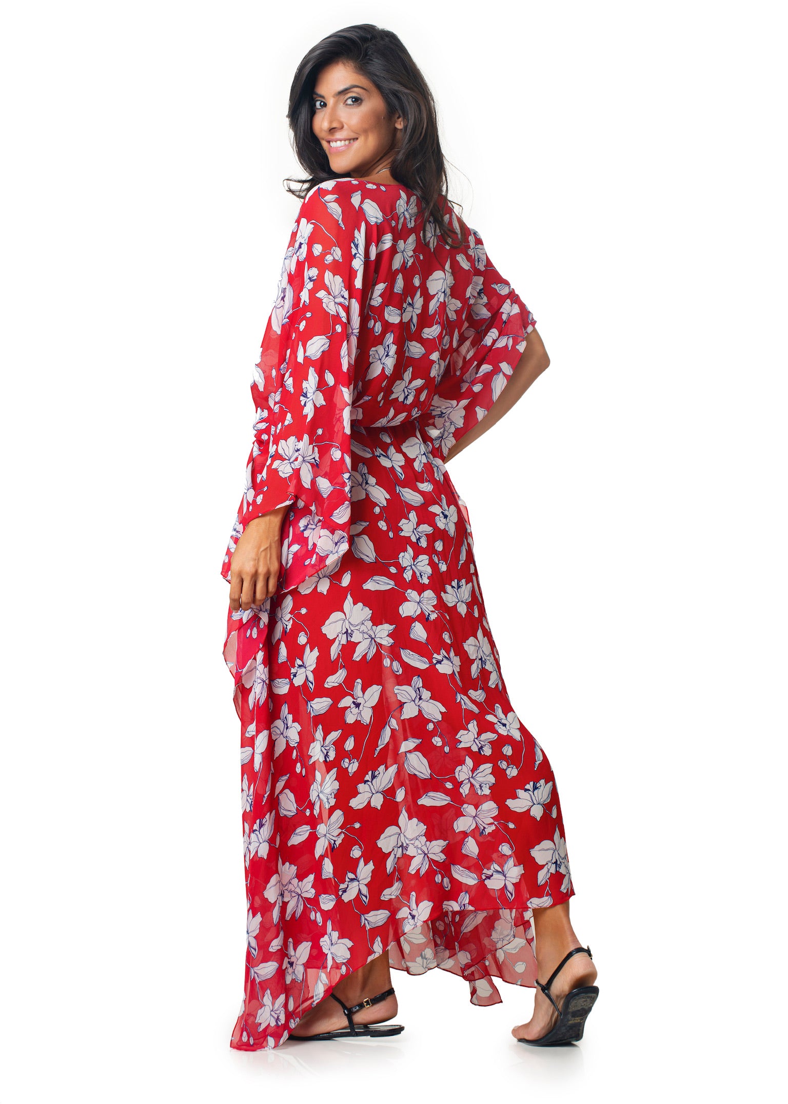 KIMONO MAHARANE VERMELHO E FLORES